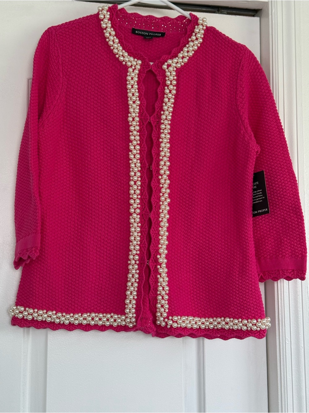 Boston Proper Hot Pink Pearl-Trim Cardigan Blazer
